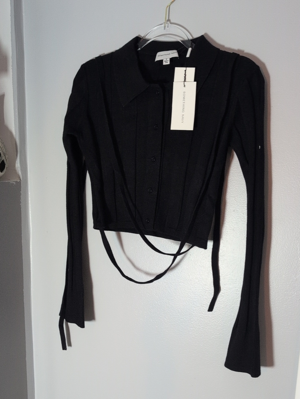 Something Navy - Black Long-Sleeve Cropped Cardigan with Tie Detail